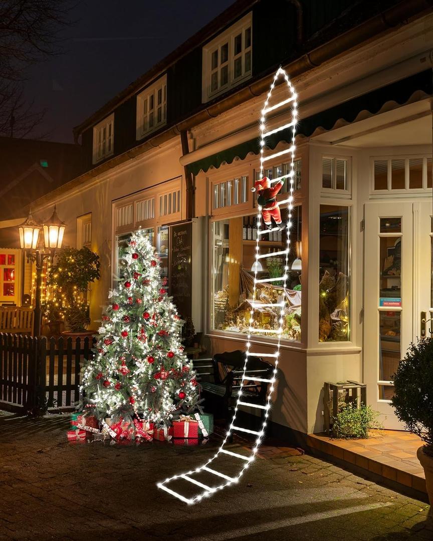 Joedoes Christmas Decorations LED Ladder Lights with Climbing Santa Claus, 10ft Outdoor Christmas Decorative Light - 8 Modes Xmas Lights Tree for Home Holiday Wall Window Xmas Decor (Cool White)