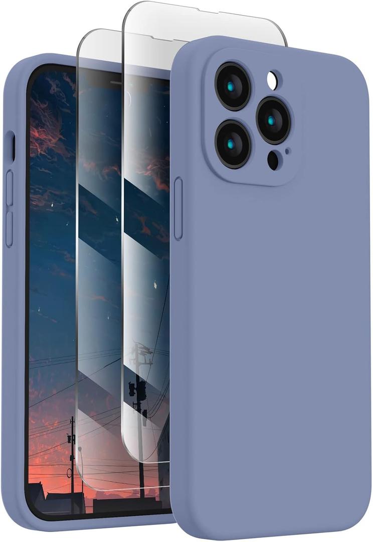 FireNova Designed for iPhone 13 Pro Max Case, Silicone [Camera Protection] Phone Case with [2 Screen Protectors], Soft Anti-Scratch Microfiber Lining Inside, 6.7 inch, Lavender Gray