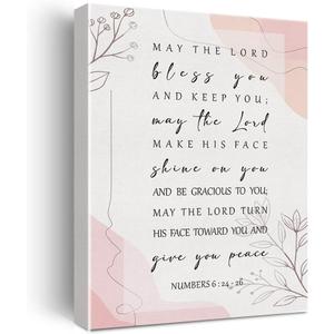 Inspirational Bible Verse Canvas Print Decor Pink Numbers 6 : 24-26 Christian Wall Painting Posters 12X15 Scripture Home Office Decoration (Framed)
