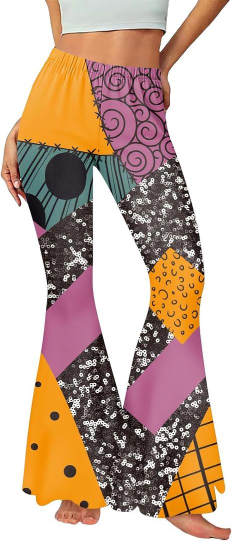 St Patrick's Day Bell Bottom for Women Shamrock Clover Printed Flare Leg Pants (Multicolored Halloween) Small
