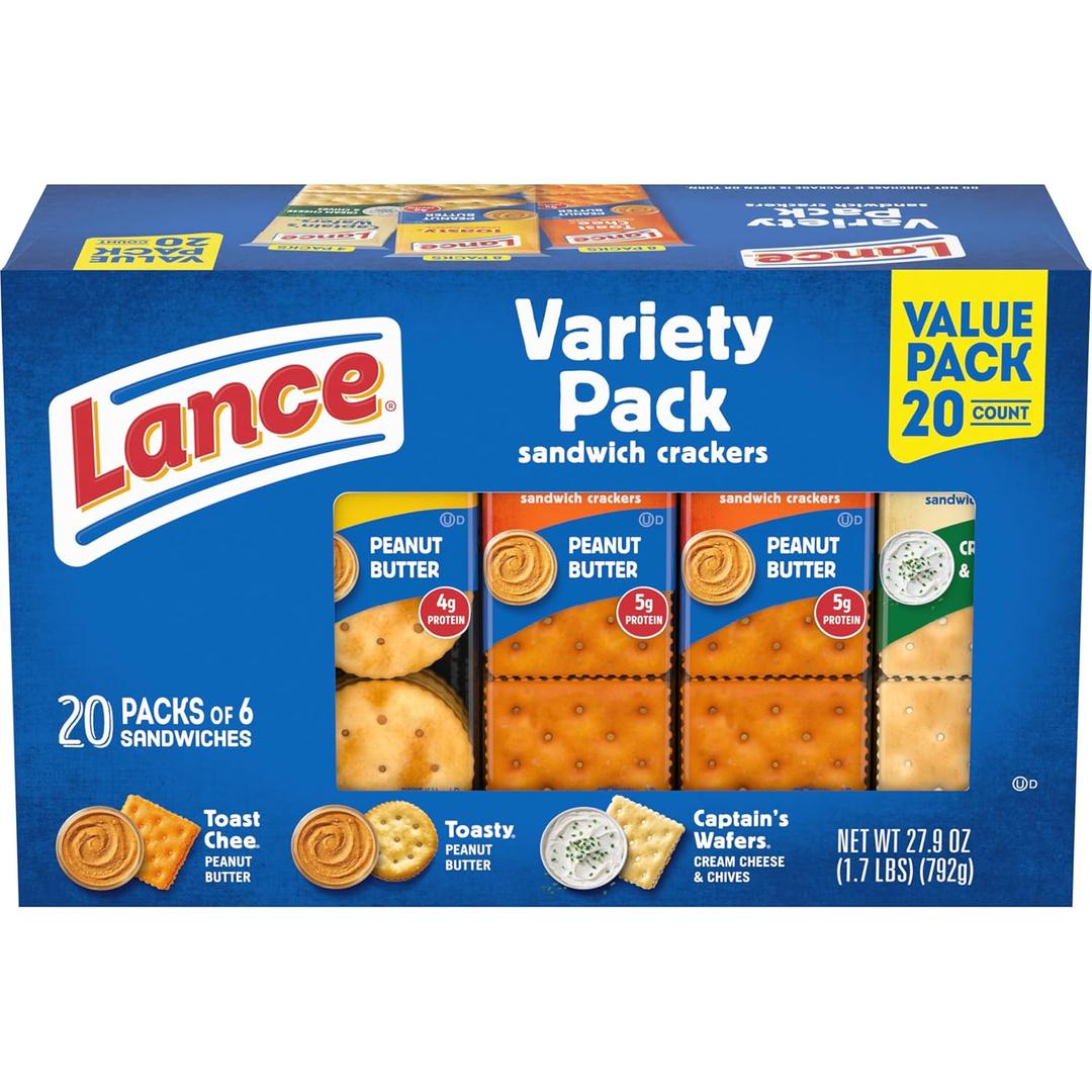 Lance Sandwich Crackers, Variety Pack, 3 Flavors, 20 Individually Wrapped Packs, 6 Sandwiches Each (EXP 02/28/26)