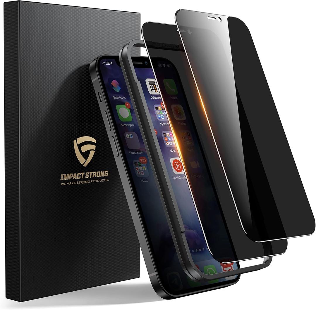 ImpactStrong Privacy Glass Screen Protector for iPhone 12/iPhone 12 Pro [6.1 Inch] Anti-Scratch Tempered Glass Screen Protectors with [Easy Install Kit] [9H Hardness], Case Friendly - 2 Pack