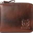 BULLCAPTAIN Mens Genuine Leather Zipper Wallet RFID Blocking Bifold Secure Zip Around Wallets Multi Credit Card Holder Purse (Handmade coffee)