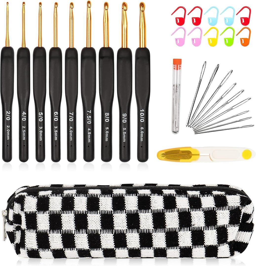 Aeelike 31pcs Crochet Hook Set, Black Gold Crochet Hooks Ergonomic with Grips for Arthritic Hands, Crochets Needles Set with Knitting & Crochet Supplies, Ideal Gift for Crocheting Beginner Lover