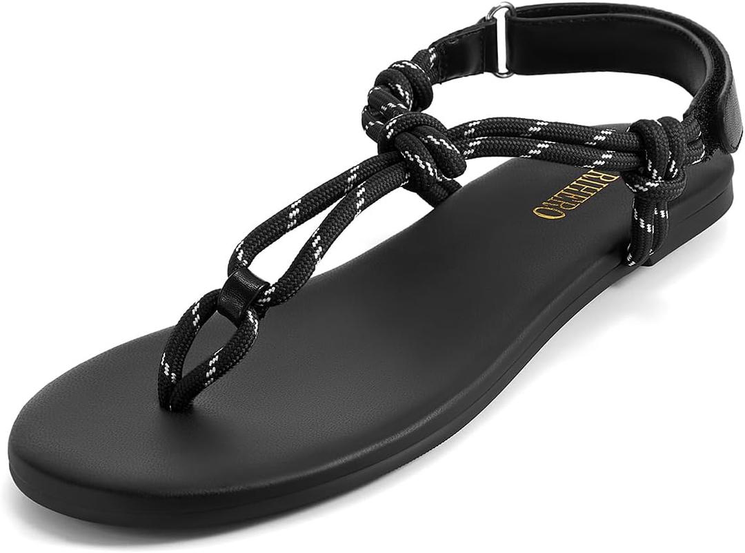 Rihero Rope Thong Sandals for Women Ankle Strap Slip On Comfortable Beach Flat Sandals (Black)