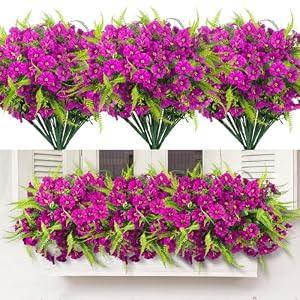HIAGROW Artificial Flowers for Outdoors 12 Bundles Artificial Petunias Fake Flowers UV Resistant Shrubs Plants with Fern for Indoor Outside Hanging Planters Home Garden Spring Decorations (Magenta)