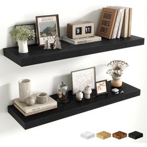 Fun Memories Floating Shelves for Wall 36 Inches, Wood Shelves with Invisible Bracket, 10" Deep Shelves Wall Mounted, Large Wood Floating Shelves for Living Room Bathroom, Black, Set of 2