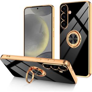 Dinick for Samsung Galaxy S25 Case with Ring Holder Kickstand, Soft TPU Gold Plated Cover, Anti-Scratch Shockproof Protection, Slim Magnetic Stand Case for Samsung Galaxy S25, Black
