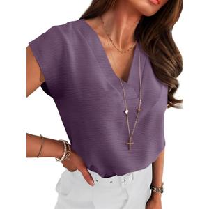 ANRABESS Women Tops Cap Sleeve Textured Dressy Casual V Neck Shirts 2025 Summer Business Work Blouses Outfits (Large, Dark Purple)