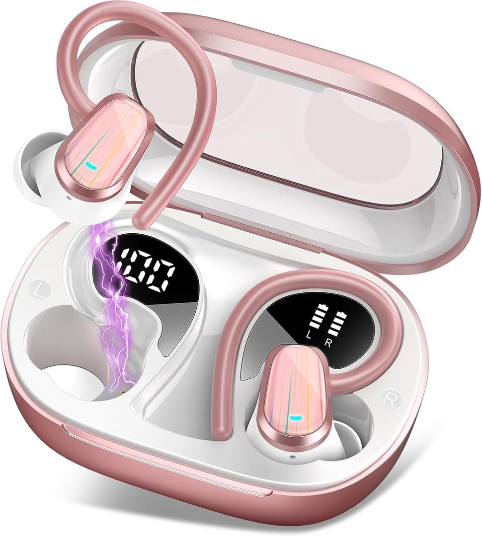 Wireless Earbuds, Bluetooth 5.4 Headphones Sport, Over Ear Buds with ENC Noise Canceling Mic, Deep Bass Stereo Ear Buds with Hook, 50H Playback, LED Display, IP7 Earphones for Workout, Rose Gold
