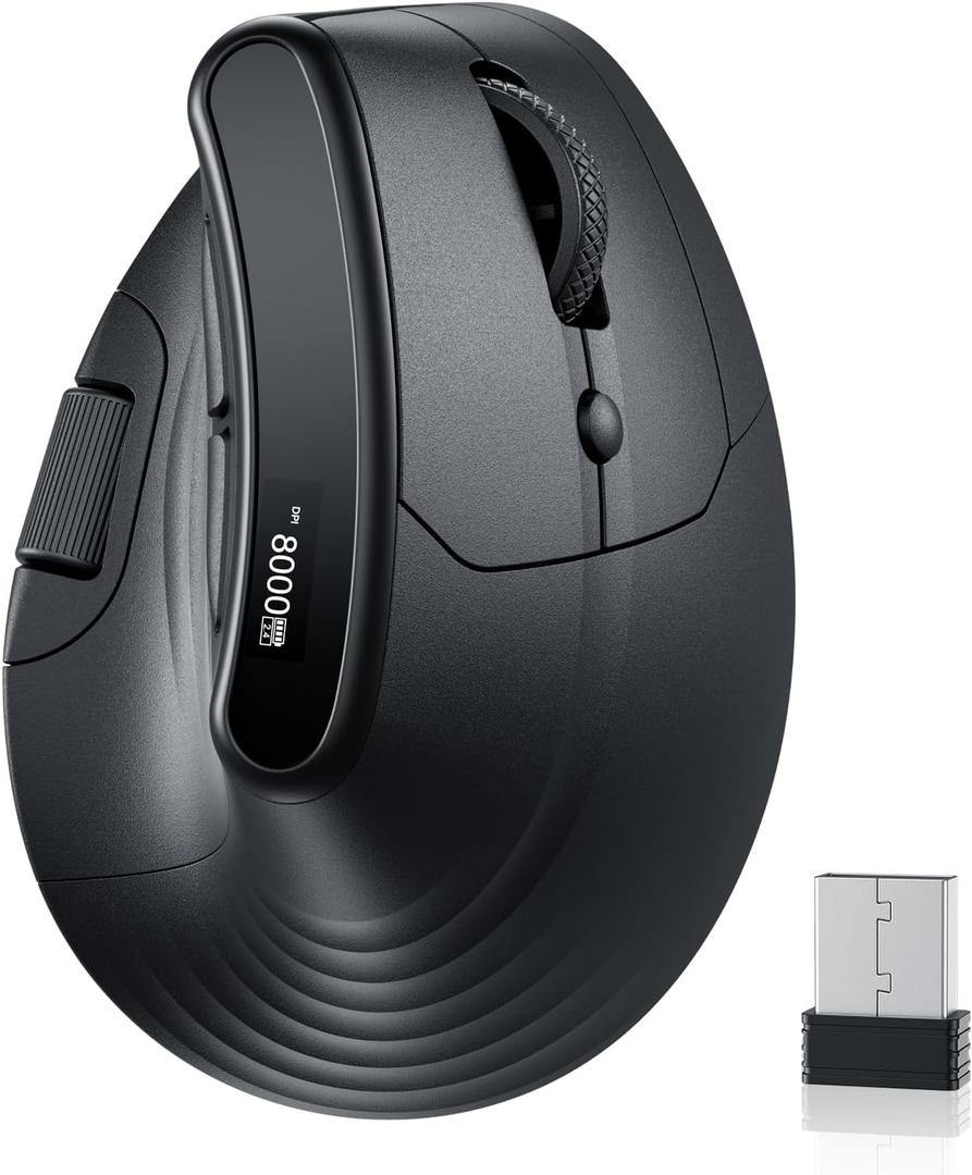 ECHTPower Ergonomic Vertical Mouse, Wireless Rechargeable Mouse with LED Display, 7-Level Adjustable DPI up to 8000, Silent & Programmable Buttons, Multi-Device Connection for PC/Mac/Laptop (Black)
