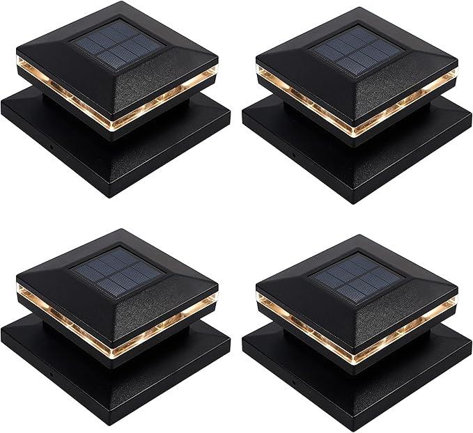 MAGGIFT 15 Lumen Solar Post Lights, Outdoor Post Cap Light for Fence Deck or Patio, Solar Powered Caps, Warm White LED Lighting, Lamp Fits 4x4 or 6x6 Wooden Posts (2 Pack, Black)