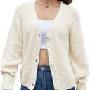 Zmnfewx Women's Loose Sweater Button Soft V-Neck Long-Sleeved Cardigan Knitted Sweater Warm and Comfortable Coat Cream White, M
