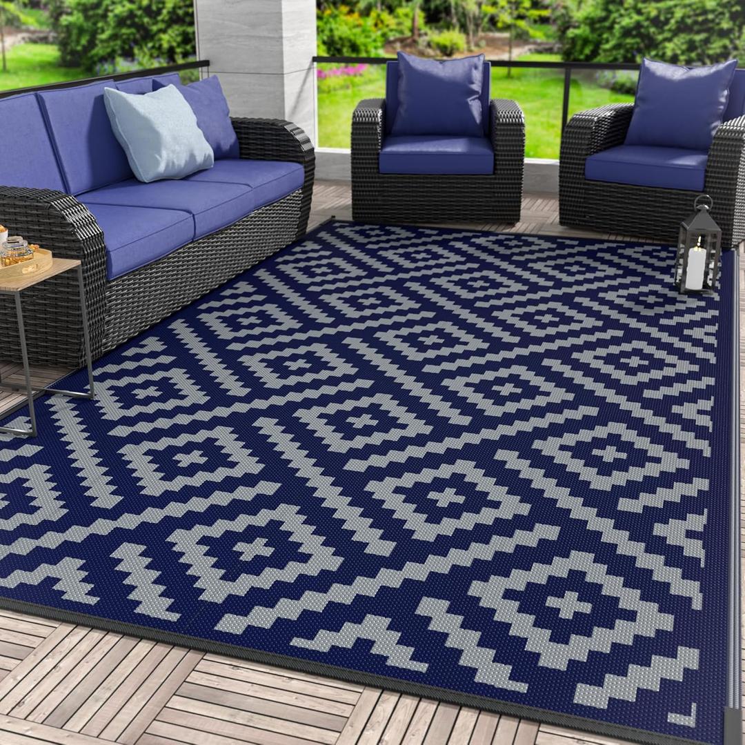 GENIMO Outdoor Rug for Patio Clearance, 10'x14' Waterproof Camping Mat, Reversible Plastic Straw Rugs for RV, Camper, Balcony, Backyard, Picnic, Deck (Blue & Grey)