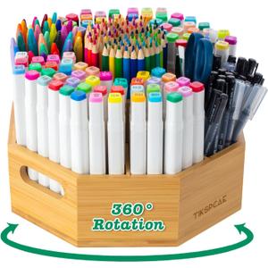 360 Rotating Art Supply Organizer, Holds 750+ Pencils, Bamboo Marker & Pen Holder with Handles, Desk Storage Caddy for Paint Brushes, Crayons, Ideal for Office, Home, Classroom