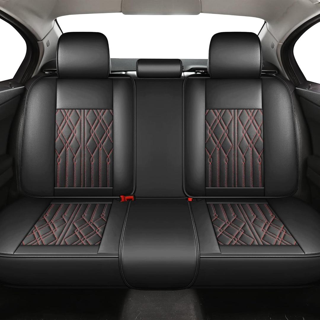 Huidasource Leather Back Row Seat Covers, Waterproof Rear Split Bench Car Seat Covers, Vehicle Seat Cushion Cover Protector Universal Fit for Most Cars Sedan SUV Pickup Truck(Back Row/Black & Red)