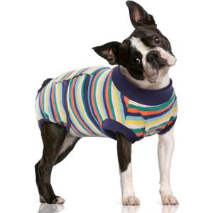 FUAMEY Recovery Suit for Dogs After Surgery,Soft Breathable Dog Bodysuit E-Collar & Cone Alternative Surgical Suit,Male Female Dog Neuter Spay Suits Anti Licking Wounds Onesie Dark Blue Stripes L (L(Back:16.1-20.1in,WT:23-48lbs))