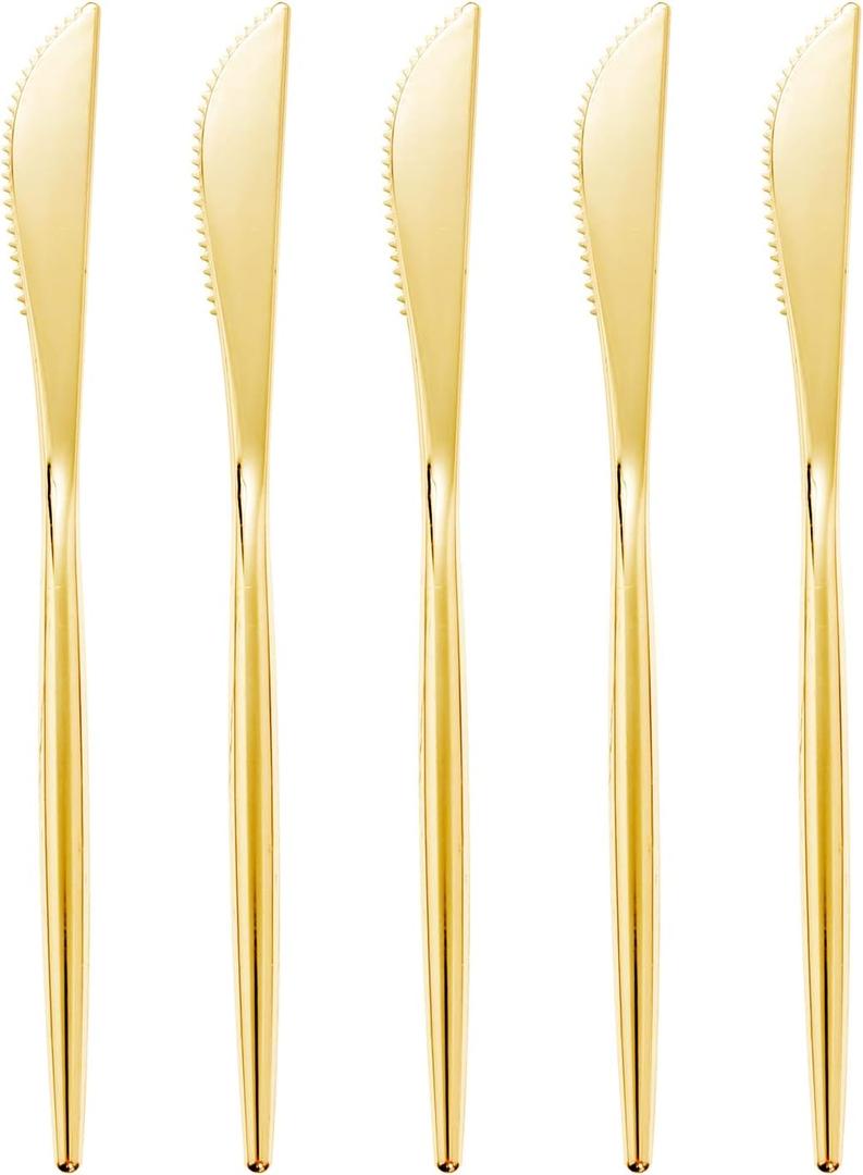 U-QE 180Pcs Gold Plastic Knives, Disposable Heavy Duty Plastic Silverware, Heavyweight Knives, Gold Flatware Perfect For Parties, Weddings and Everyday Use