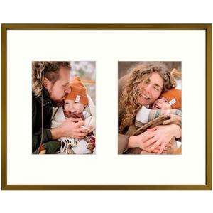 Frametory - 11x14 Aluminum Collage Picture Frame - Display 5x7 Pictures with 2 Openings Mat - Real Glass Front - Horizontal/Vertical Wall Mount - Bronze 1 Pack