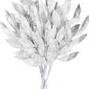 Sea Team 6-Pack Artificial Glitter Leaf Ornaments, Decorative Sticks, Glittery Twigs, Stems, Picks, Branches for Christmas Tree, Wreath, Vase Fillers for Centerpieces, Home Dcor, Silver