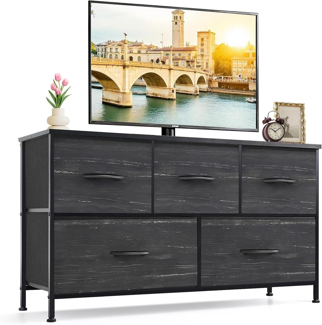 5-Drawer Dresser for Bedroom, Anti-Tip Wide Storage Organizer Fabric Chest of Drawers TV Stand for 45" TV with Wooden Top and Metal Frame for Closet, Living Room, Hallway, Entryway, Charcoal Black, 11.8"D x 39.4"W x 20.9"H