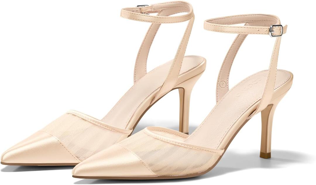 Coutgo Womens Closed Toe High Heels Mesh Satin Pointed Toe Dress Shoes Ankle Strap Pacthwork Wedding Pump Shoes