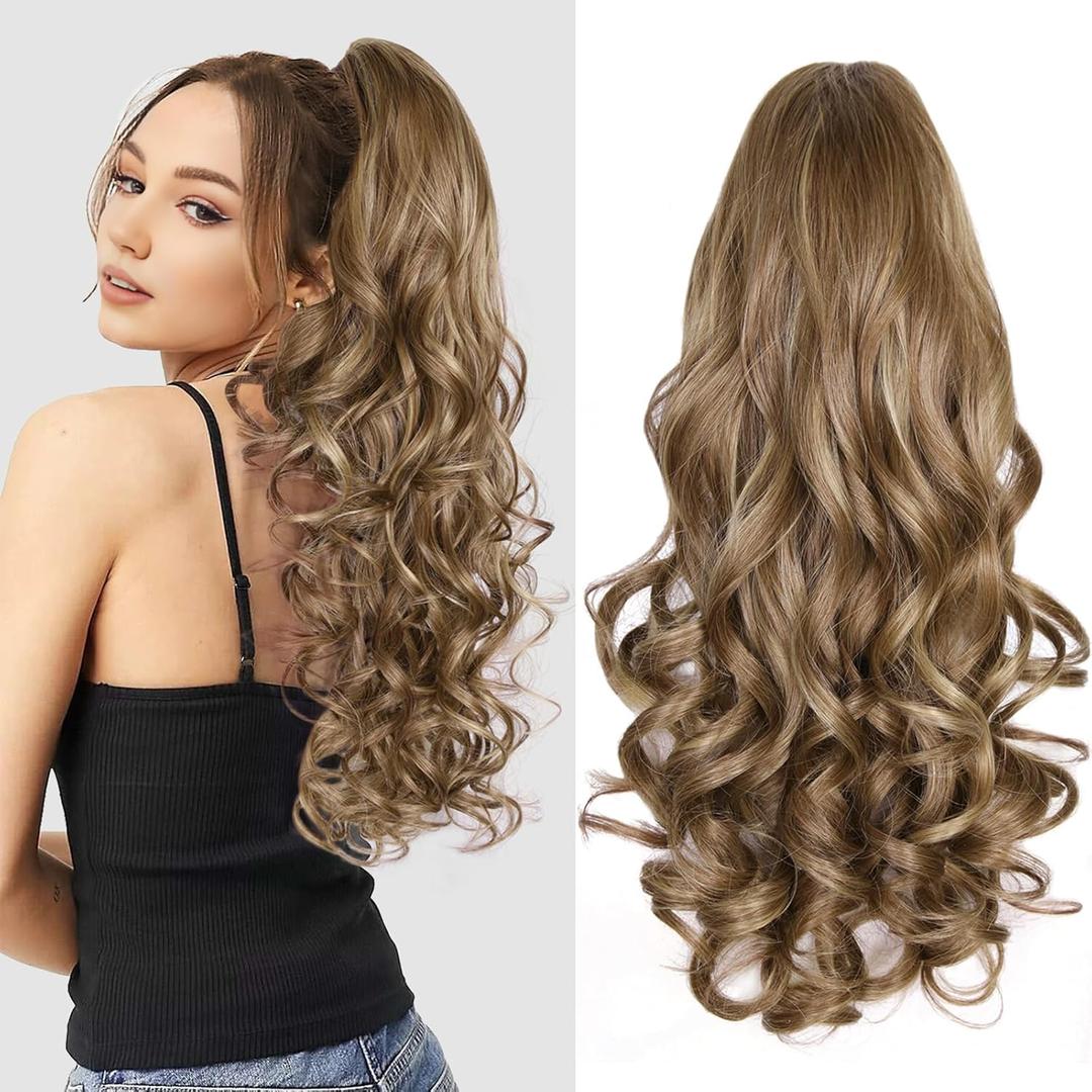 24 Inch Ponytail Extension, Layered Ponytail Extensions for Women, Soft Wavy Claw Clip in Ponytail Extension, Natural Synthetic Hair Pieces for Women (Color: Light Brown With Dark Blonde Highlights)