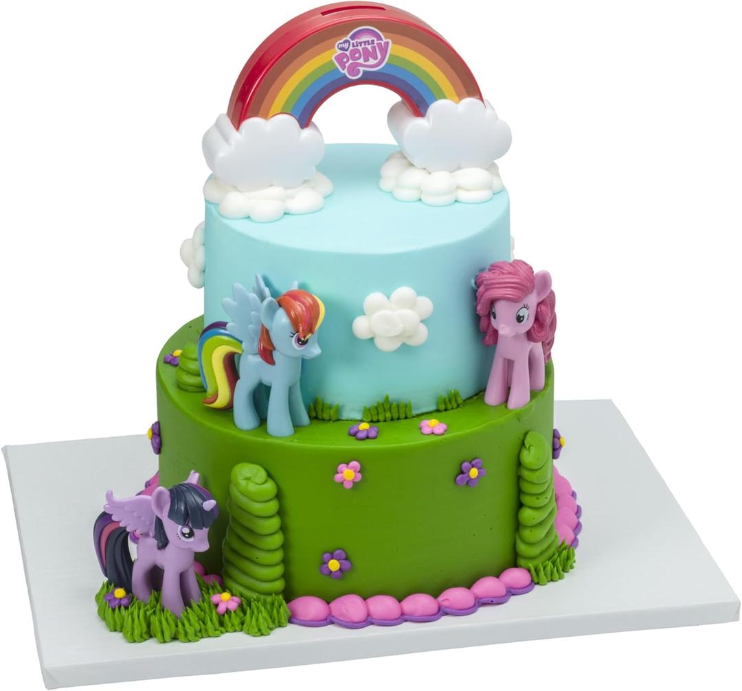 DecoSet My Little Pony Over The Rainbow Signature Cake Topper, 4 Piece Decoration, Dash, Pinkie Pie, and Twilight Sparkle, Coin Bank, Collectable Figurines For Birthday