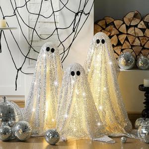 Weysat 3 Pack Halloween Disco Ghost Decor - 11.8" 15.7" and 19.7" DIY Glitter Ghost with LED String Lights Cute Spooky Halloween Party Decorations for Indoor Outdoor Front Porch Yard Garden Lawn