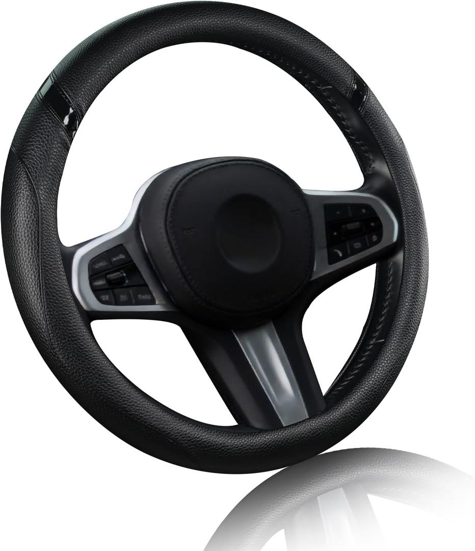 Cxtiy Universal 15.5-16 Inch Steering Wheel Cover Non-Slip Microfiber Leather, Easy Install, Thickened Grip, All-Season Comfort for Cars & Trucks (Black, 15.5"-16")