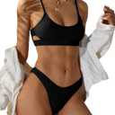 ZAFUL Women's Cutout Bikini Sets Scoop Neck Back Criss Cross Tie Ribbed High Cut Bikini Swimsuit Two Piece Bathing Suits (Large, 1-black)
