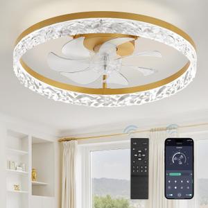 LEDIARY 20" Modern Ceiling Fans with Lights and Remote, Dimmable Low Profile Ceiling Fan, Flush Mount Fan, Stepless Color Temperature Change and 6 Speeds - Gold
