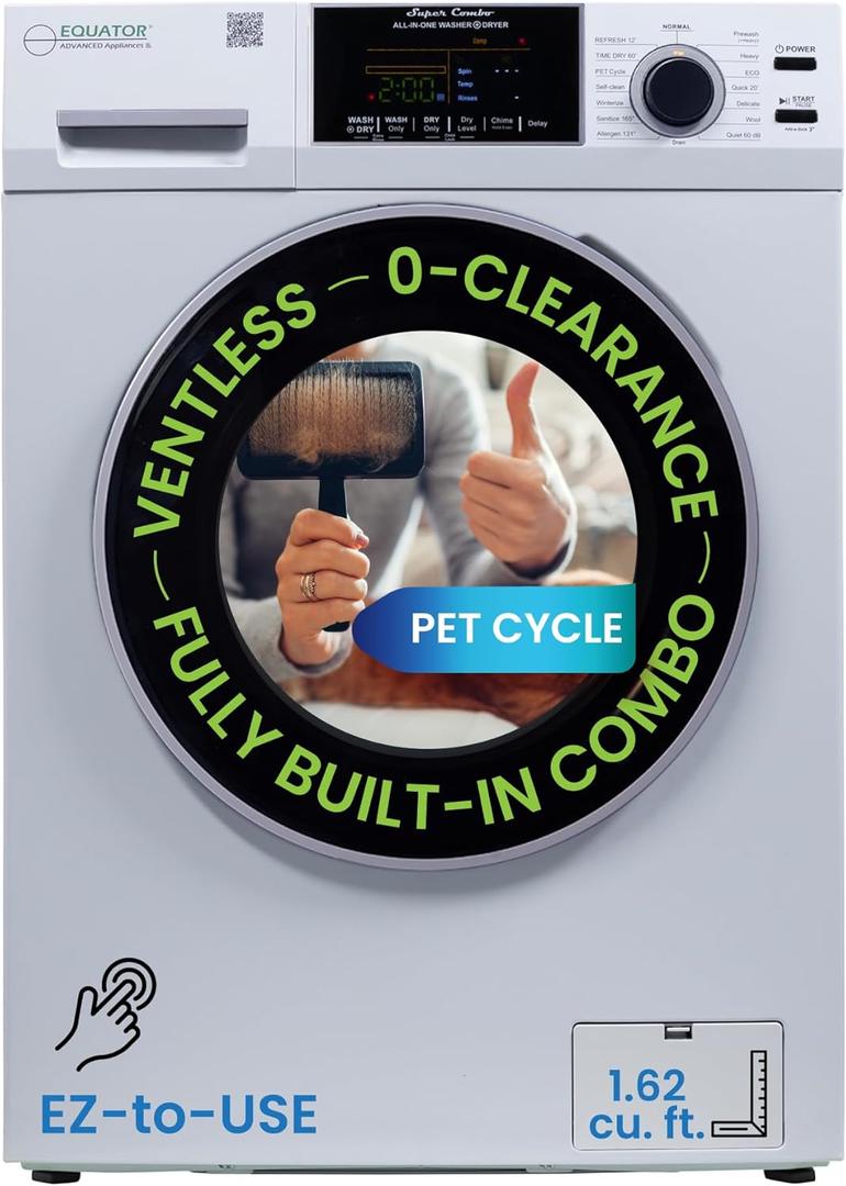 Equator All-in-one Washer Dryer Ventless FULLY BUILTIN 0-CLEARANCE 1.62cf/15lbs 110V 1400RPM (White)