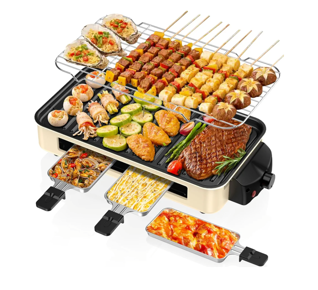 Electric Indoor Grill 1500W -2 in 1 Smokeless Indoor Grill for Kitchen with Non-stick Removable Grill & Griddle Plate,Temperature Control Korean BBQ Grill with 3 Cheese Pans Dishwasher Safe