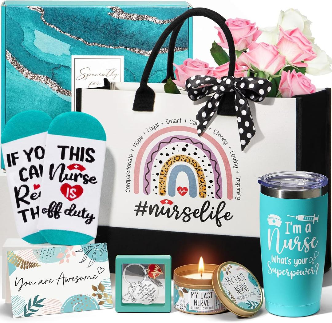 Nurse Gifts for Women, Christmas RN Gifts for Nurses Female, Best Nurse Practitioner Gift for Women Funny School Nurses Appreciation Graduation Gift Basket for Nursing Student with Canvas Tote Bag
