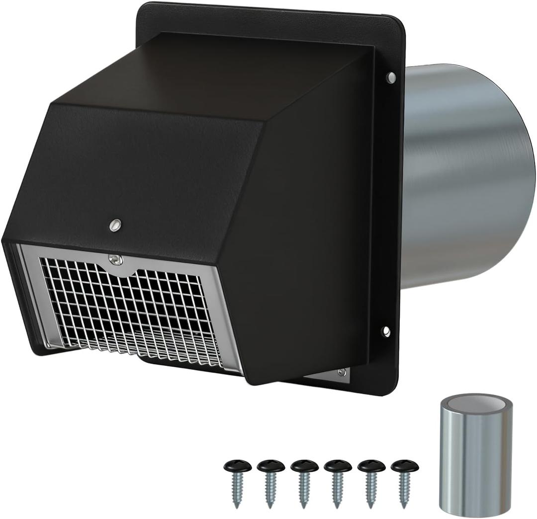 6-Inch Dryer Vent Cover Outside,Dryer Exhaust Vent with Removable Screen & Cushioned Non-Return Flap, Exterior Wall Mount Air Vent Cap for Dryer and House Exhaust(Black)