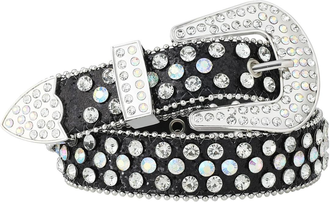 AWAYTR Rhinestone Belt for Women Men - Western Cowgirl Sequin Diamond Bling Studded Belts for Jeans Pants (Fit Waist: 33"-38", 1-black)