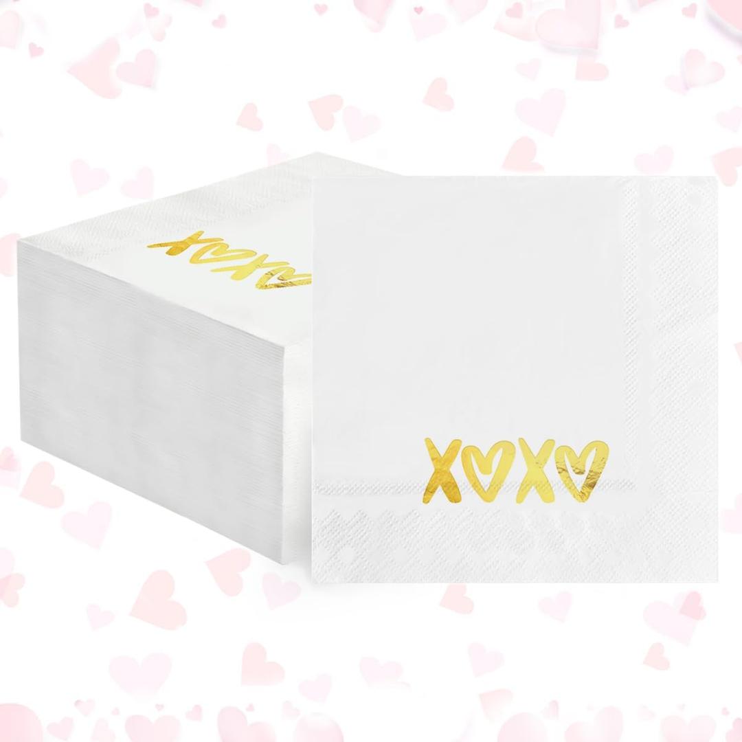 Horaldaily 50 Valentine Disposable Paper Decorative Guest Napkins, XOXO Golden Foil heart Hand Towel for Party Lunch Dinner Kitchen Bathroom