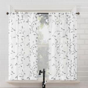 No. 918 Francine 2-Pack Embroidered Foliage Semi-Sheer Rod Pocket Kitchen Curtain Tier Pair, White/Gray, 54" W x 36" L (2 Panels)