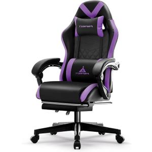 Gaming Chair,Ergonomic Massage Computer Office Desk Chair with Footrest,Pocket Spring Cushion,Reclining Leather Adjustable Gamer Chair with Headrest and Lumbar Support,Purple, Large