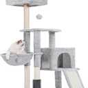 Heybly Cat Tree with Cat Self Groomer Brush, Cat Tower Condo for Indoor Cats with Padded Plush Perch, Cat House with Basket Scratching Board Post, Light Gray HCT005SW (42.5 inch)