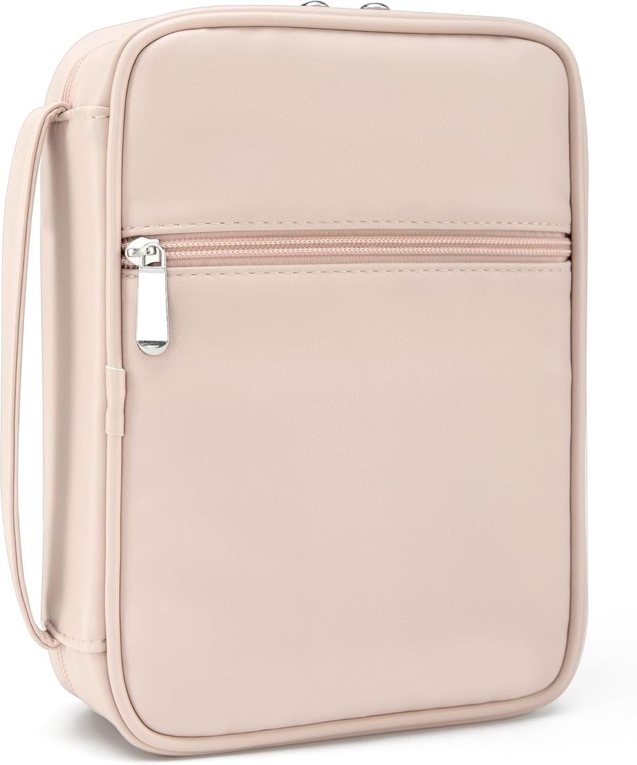 Small Bible Cover Case for Women and Men, 9x6 PU Leather Bible Sleeve, Compact Travel Bible Carrier Bag with Front Pen Holders, Zipper Closure, Inner Pockets - Beige