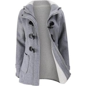 JiangWu Womens Fashion Horn Button Fleece Thicken Coat with Hood Winter Warm Jacket (Large, Light-gray)