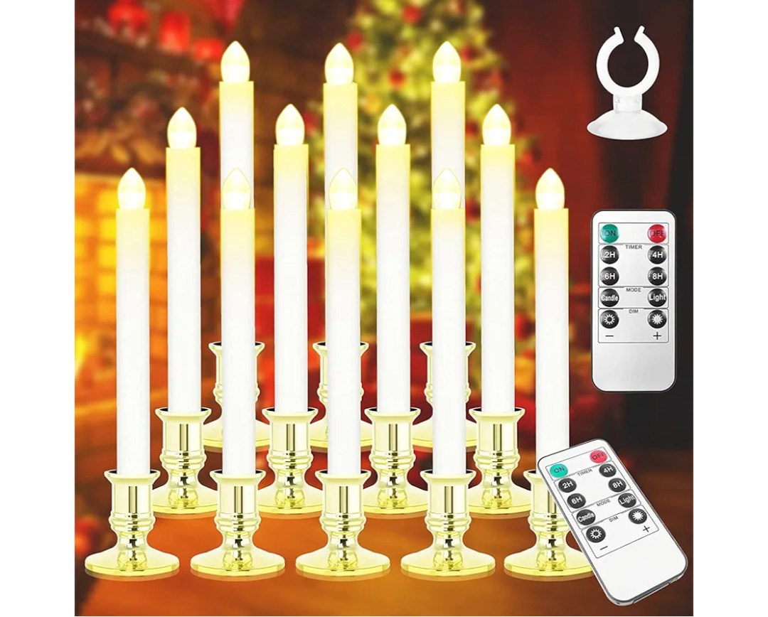 Window Candles 12 Pack Battery Operated Candle with 2 Remote Controls Timer Flameless Taper Candles Removable Golden Holder and Suction Cup for Christmas Decorations