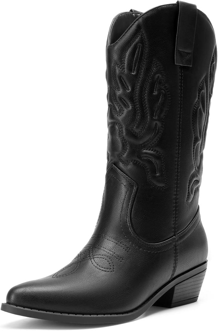 DREAM PAIRS Women's Cowboy Boots Mid Calf Cowgirl Boots Embroidery Stitched Western Boots (7 Wide, All Black)