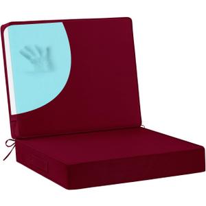 Waterproof Outdoor Chair Cushions 24x24, Memory Foam Outdoor Cushions for Patio Furniture with Removable Cover, Deep Seat Cushions for Outdoor Furniture with Ties and Handle, Burgundy