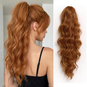 24 Inch Claw Clip Ponytail Extension for Women Long Wavy Synthetic Pony Tails Hair Extensions Drawstring Fake Hair Piece Natural Looking Fluffy Clip on Pony Tail Wig Ginger Copper