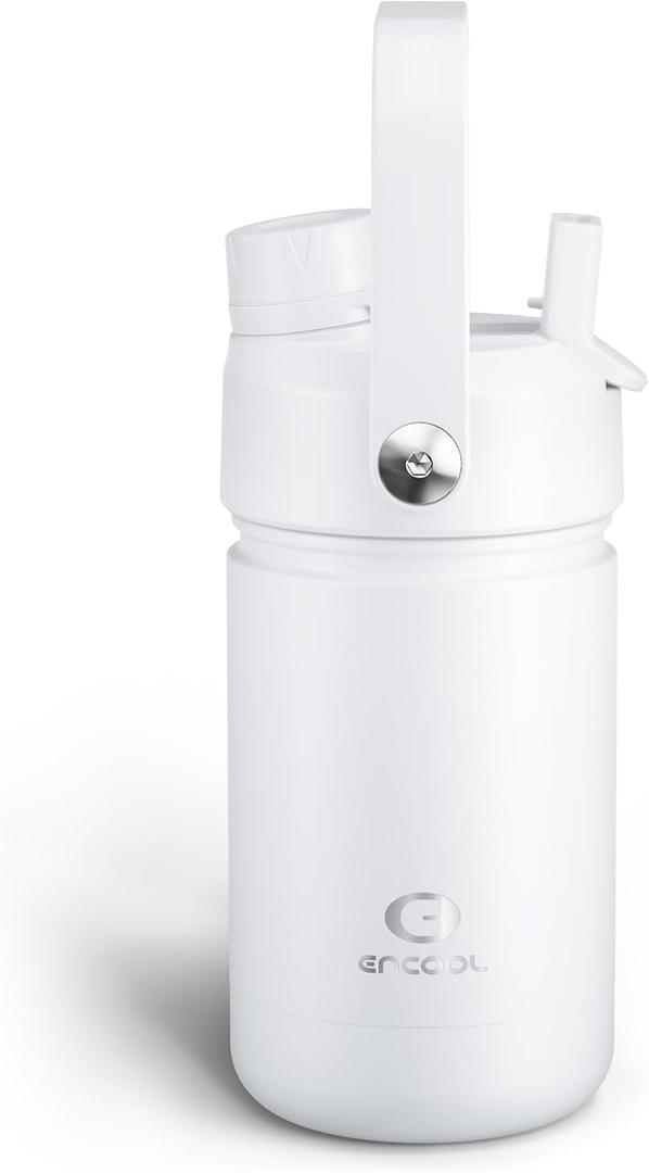 Kids Insulated Water Bottle with Straw - 12oz Stainless Steel Water Bottle with Dual Spouts, Leak-Proof, BPA-Free, Double Wall Vacuum Keeps Cold for 24 Hours for Sports, Travel, School (Polar White)