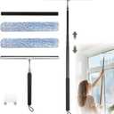 Squeegee for Shower Glass with Long Handle  Extends 13" to 48", Includes 2 Towel Sleeves, Replacement Silicone Blade & Hook, 14" Wide Blade for Glass, Mirrors, Windows & Tile Walls (Black) (Silver Stainless Steel + Black Silicone)