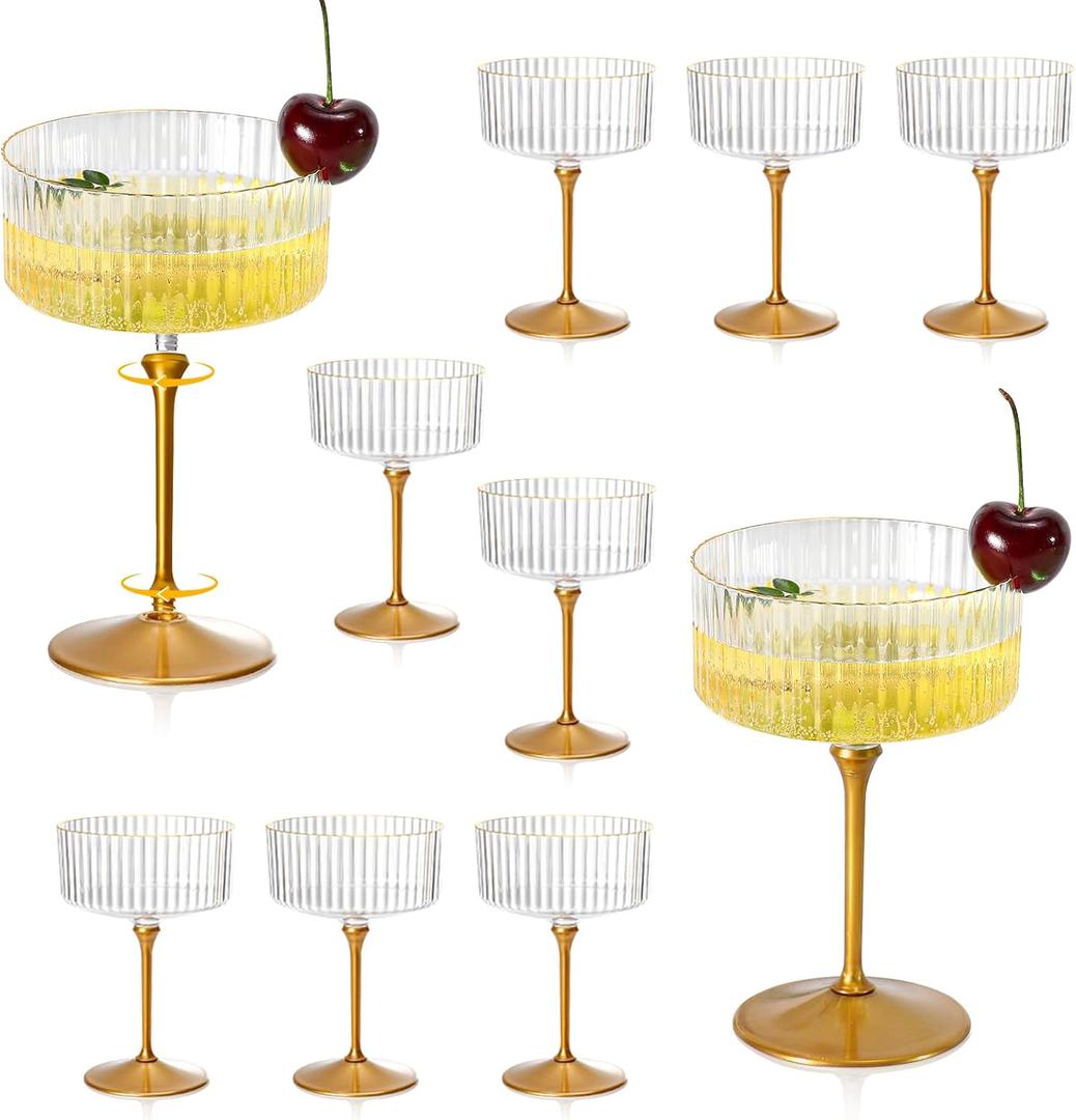 XUWAIDSGN 12 Pcs Champagne Martini Glasses 9 Oz with Gilded Removable Gold Rim Coupe Glasses Pink Martini Glasses Plastic Mimosa Vintage Coupe Glasses Set For Wedding Anniversary (12, Ribbed Gold)